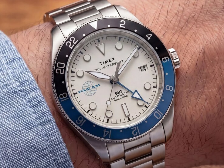 Timex Pan Am Waterbury Automatic GMT watch shown on a wrist
