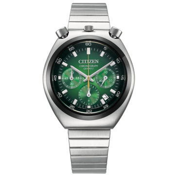 Front view of the Citizen Tsuno Chronograph AN3714-76W, featuring a green gradient dial.