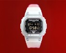Casio G-Shock DW-5600TNT-7 x thisisneverthat watch with a translucent resin case and band against a red background.
