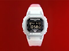 Casio G-Shock DW-5600TNT-7 x thisisneverthat watch with a translucent resin case and band against a red background.