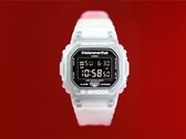 Casio G-Shock DW-5600TNT-7 x thisisneverthat watch with a translucent resin case and band against a red background.