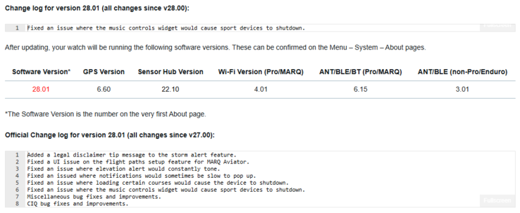 The change log for Garmin beta version 28.01 for the Fenix 6 and related smartwatches. (Image source: Garmin)