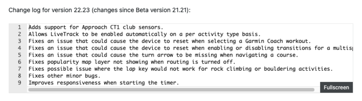 The release notes for beta version 22.23 for the Garmin Fenix 8