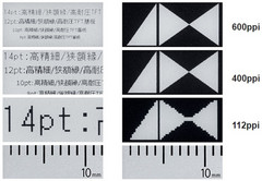 Japan Display 600 dpi display vs 400 dpi and 112 dpi comparation