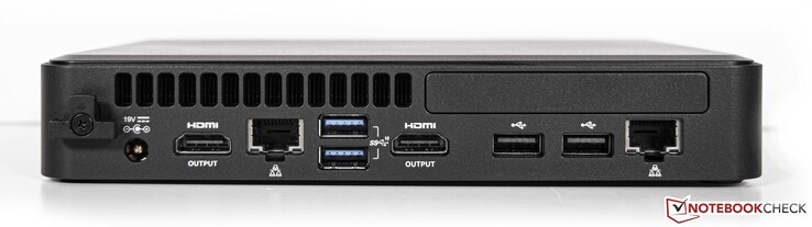 Rear: Power connector, 2x HDMI, 2x LAN (Intel i219-LM GbE +Intel i211-AT GbE), 2x USB3.1 Gen.2, 2x USB2.0