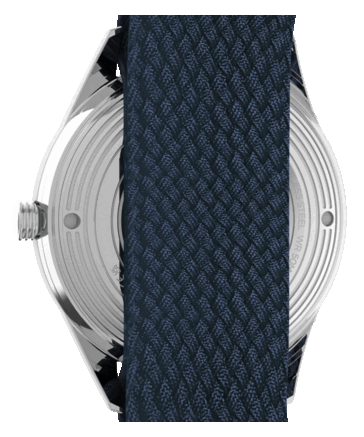 Rear view of the Peanuts x Timex Marlin Jet Automatic with an exhibition case back displaying the automatic movement and a blue double-layer fabric strap.