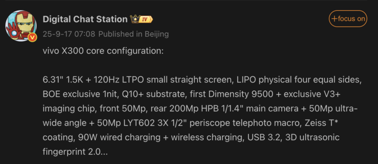 Leaked specifications of the Vivo X300. (Image source: Weibo - machine translated)