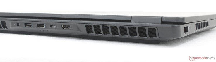 Rear: AC adapter, 2x USB-A (10 Gbps), USB-C w/ DisplayPort 2.1 + Power Delivery 3.1 (10 Gbps), HDMI 2.1