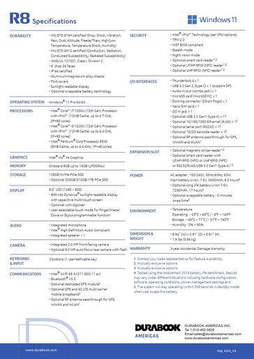 Durabook R8 specifications (Source: Durabook)
