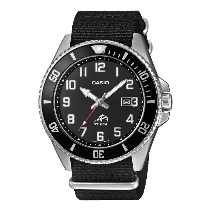 Casio Duro MDV106C-1AV dive watch with a black dial, bold Arabic numerals, black unidirectional bezel, stainless-steel case, and black fabric strap.