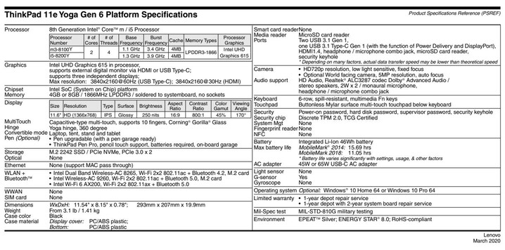 Spezifikationen Lenovo ThinkPad 11e Gen 6