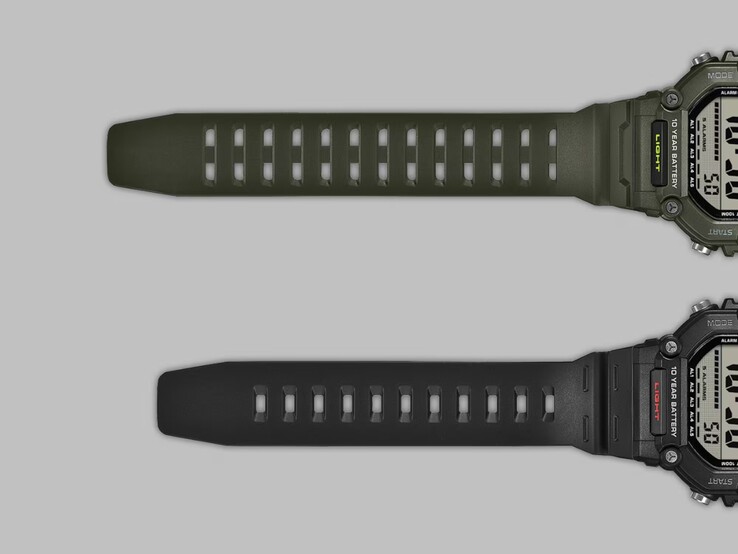 A comparison of the strap lengths of the Casio AE-1600HX-3A (upper) and AE-1600H-1AV (lower) watches