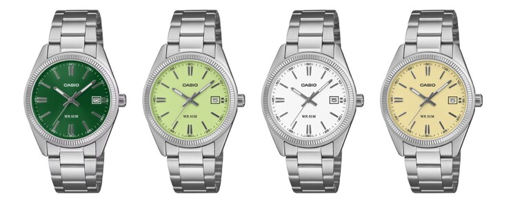 From left to right: the Casio UTP-1302PD-3A1V, UTP-1302PD-3A2V, UTP-1302PD-7AV and UTP-1302PD-9AV watches