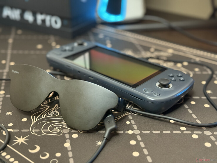 RayNeo Air 4 Pro connected to a gaming handheld