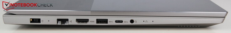Left: power, LAN, HDMI, USB A 3.0, USB C 3.0, audio port