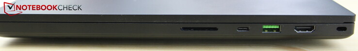 Right: SD reader, USB-C Thunderbolt 4, USB-A 3.2 Gen 2, HDMI 2.1, Kensington
