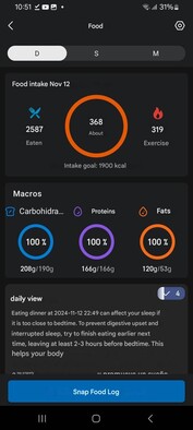 A screenshot showing food log overview and meal time tip in Zepp app. (Image source: Facebook)