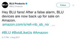 BLU&#039;s tweet announcing their product are back online. (Source: Twitter)