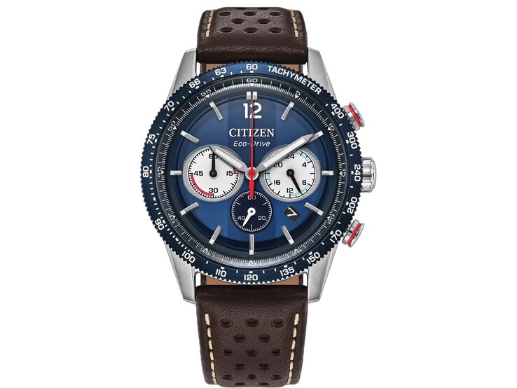 Citizen Chrono Racing CA4716-09L with a silver-tone stainless steel case, blue tachymeter bezel, dark blue chronograph dial with three sub-dials, red accents, and a perforated brown leather strap.