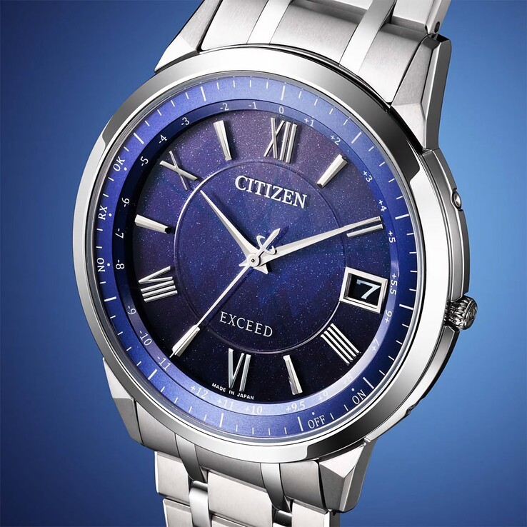 A close-up of the Citizen Exceed CB1140-79L’s deep blue dial, revealing its fine glitter, textured forest-inspired pattern.