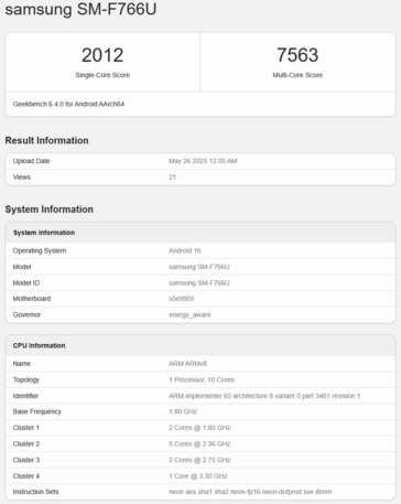 Exynos 2500 Geekbench listing with Galaxy Z Flip 7 (image source: Geekbench)