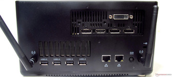 Rear: WiFi antenna, 4x USB 3.0 (Gen 1) Type-A, 2x Gigabit Ethernet, DC in, WiFi Antenna, 3x DisplayPort 1.4, HDMI 2.0b, Dual-link DVI-D
