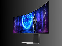 The front of the discounted 49-inch Samsung G9 OLED gaming monitor pictured at an angle (Image source: Samsung Electronics)