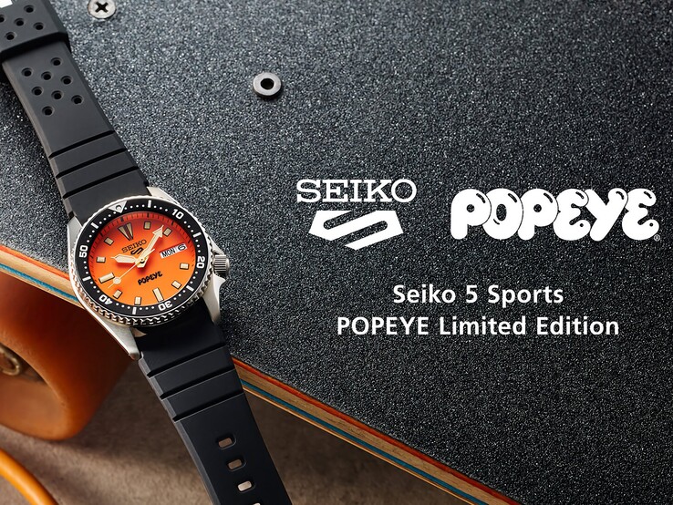 Alt text: Angled view of the Seiko 5 Sports x Popeye HDB013 showing its orange dial, black rotating bezel, and stainless steel case.