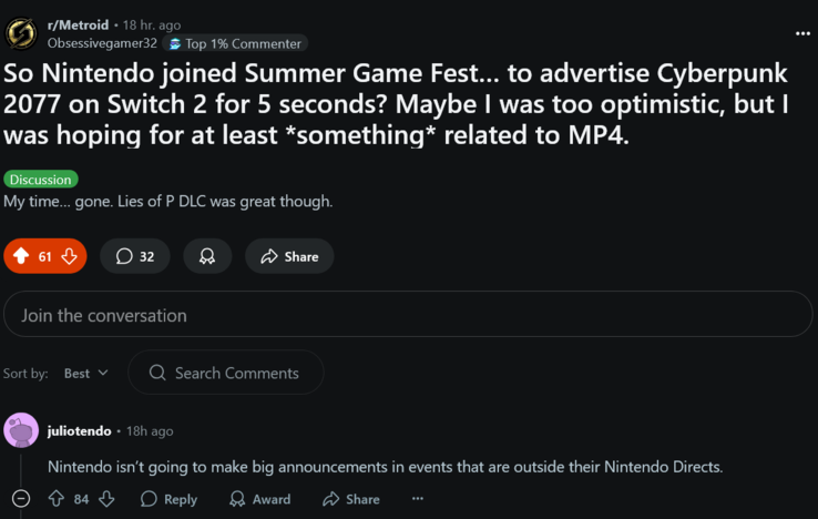 Summer Game Fest 2025 Nintendo fan reaction (Image source: screenshot, Metroid subreddit)