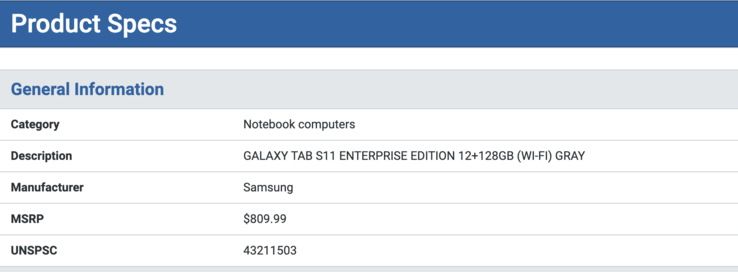 Listing of the Galaxy Tab S11 Enterprise Edition. (Image source: SHI)