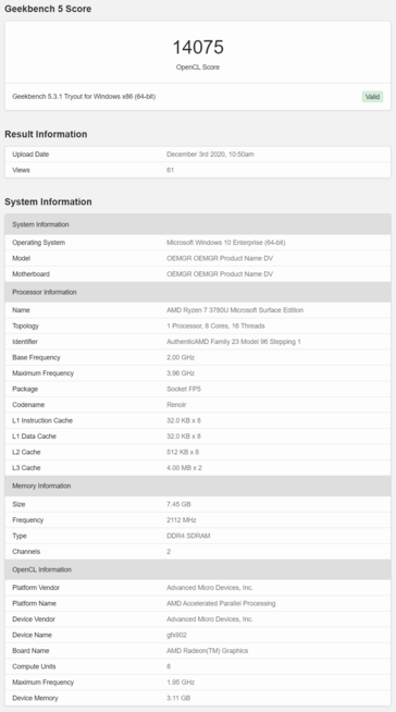 AMD Ryzen Renoir Microsoft Surface Edition APU Geekbench - OpenCL. (Source: Geekbench)