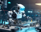 Depiction of a fictional robot on an industry work space