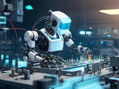 Depiction of a fictional robot on an industry work space