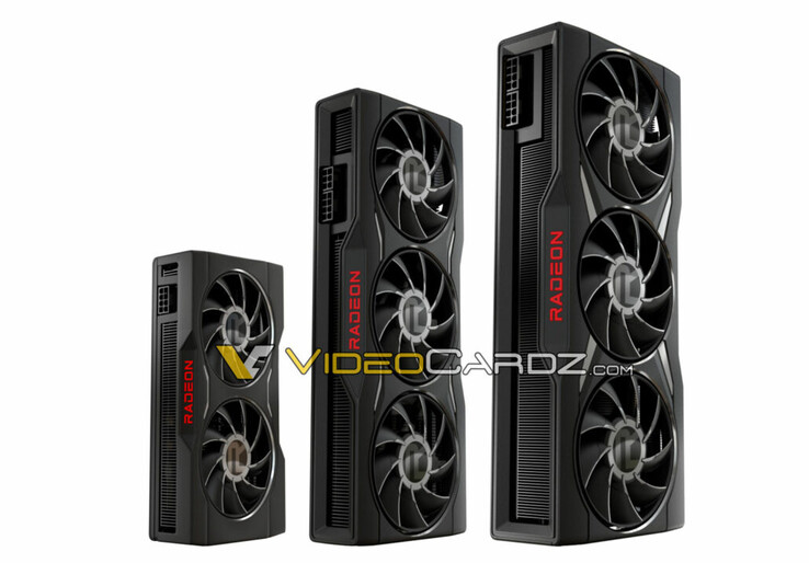 AMD Radeon RX 6950 XT, Radeon RX 6750 XT and Radeon RX 6650 XT pictured, right to left. (image via Videocardz)