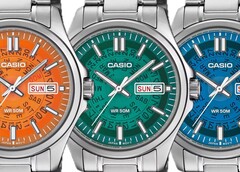 Three Casio MTP-E740 watches in orange, teal, and bright blue, shown side by side with translucent dials revealing the day and date wheels underneath.