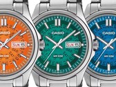 Three Casio MTP-E740 watches in orange, teal, and bright blue, shown side by side with translucent dials revealing the day and date wheels underneath.
