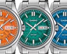 Three Casio MTP-E740 watches in orange, teal, and bright blue, shown side by side with translucent dials revealing the day and date wheels underneath.