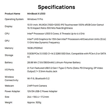 Full specs of MiniBook X U300