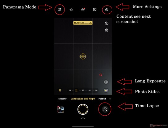 The Landscape and Night modes contain a variety of different features, unfortunately distributed rather randomly.