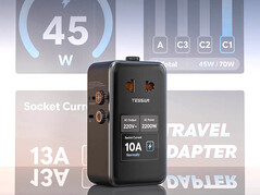The Tessan Aero 70 Smart Travel Adapter displays charging and power information on its multi-screen LCD display.