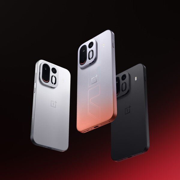 The OnePlus Ace 7 in Glossy White, Tempered Fire, and Midnight Black.