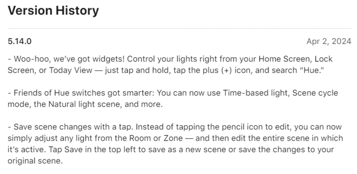 The change log for Philips Hue app version 5.14.0. (Image source: Apple App Store)