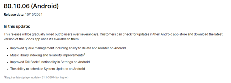 The release notes for Sonos app version 80.09.06 for Android. (Image source: Sonos)