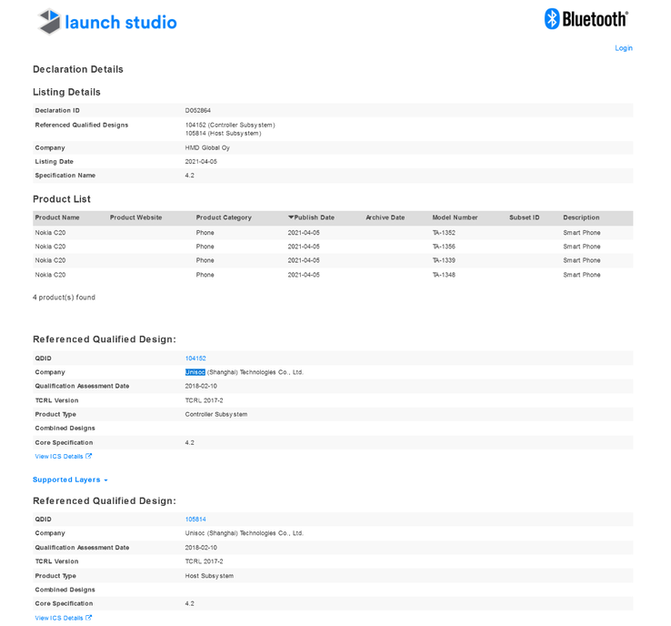 The Bluetooth SIG gives the C20's Bluetooth specs away before its launch. (Source: Bluetooth SIG)