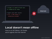 Laptop with a terminal in which outgoing connections from Ollama and curl are blocked, next to a crossed-out cloud