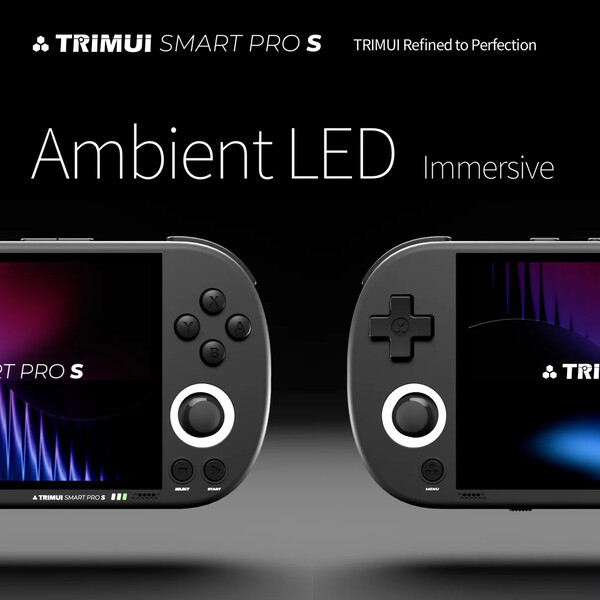 The TrimUI Smart Pro S has an LCD display, TMR joysticks, and LED rings.