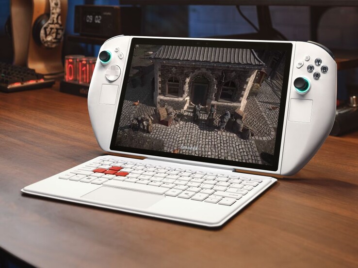 The Abxylute 3D One gaming handheld with controllers and keyboard attached. (Image source: Abxylute)