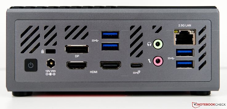 Back: Kensington Lock, Power Supply, HDMI, 2x DisplayPort, 4x USB 3.2 Type A, 1x USB 3.2 Type C, 3.5mm port (Headset and Microphone), RJ45 2.5G