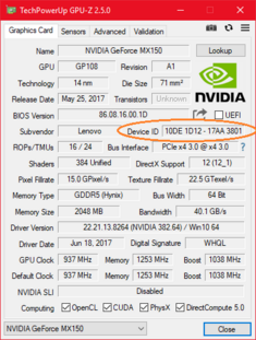 Lenovo IdeaPad 320S-13KBR with slower 'N17S-LG-A1' MX150 variant. Note the dissimilar Device ID '1D12'
