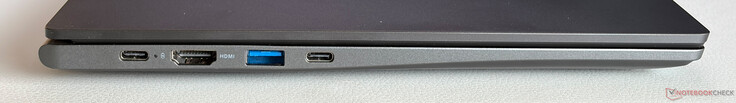 Left: USB-C 3.2 Gen.1 (5 Gbit/s, DisplayPort, Power Delivery), HDMI 1.4b, USB-A 3.2 (5 Gbit/s), USB-C 3.2 Gen.1 (5 Gbit/s, DisplayPort, Power Delivery)
